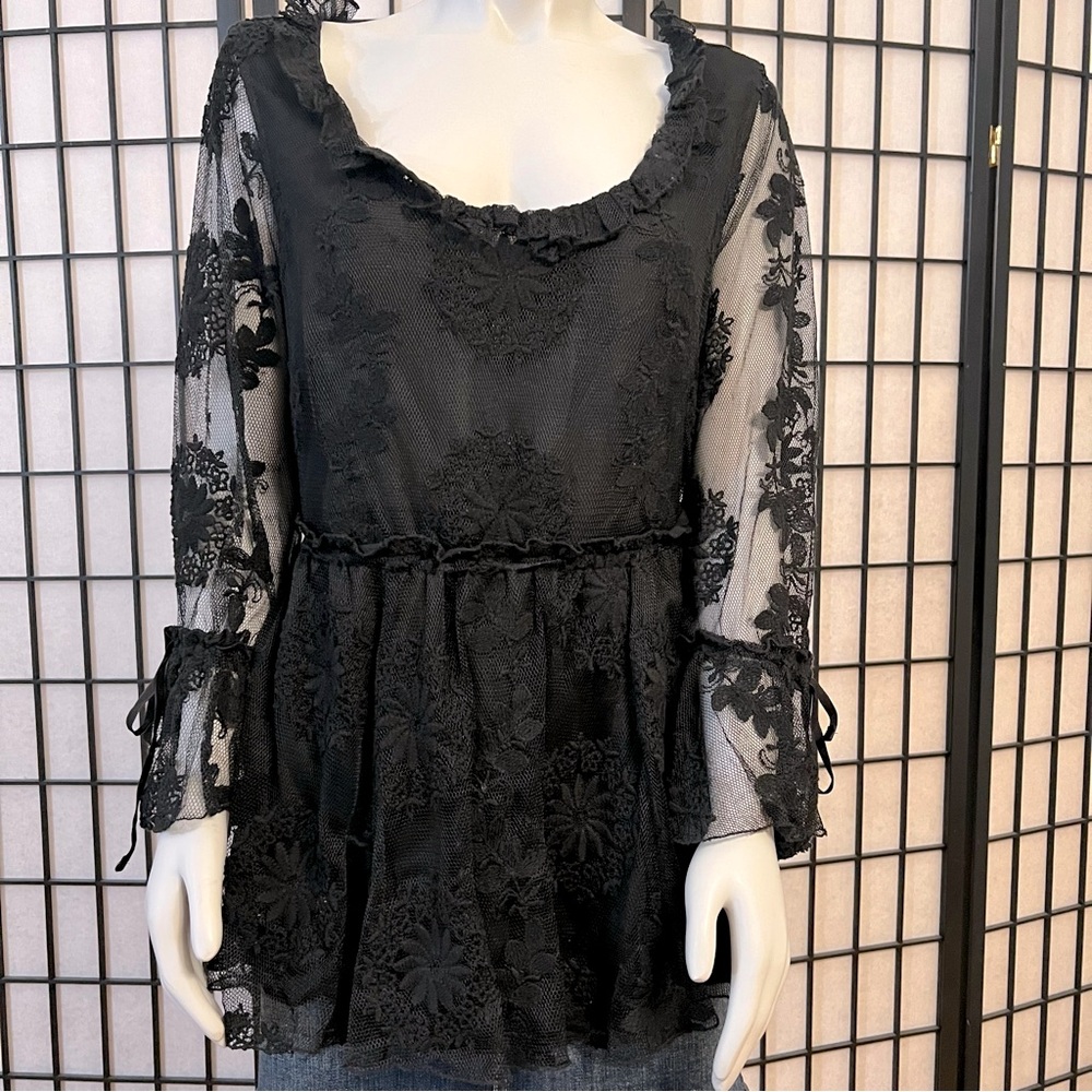 Seven Black Lace Blouse With Adjustable Drawstring Waist